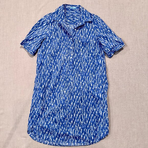 J. McLaughlin Arissa Dress Blue White Print Shirt Dress Pockets Collared Woven - Picture 2 of 9